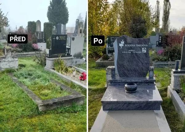 Kompletní výroba a montáž nového žulového hrobu v Karviné. Tmavě červená leštěná žula, mod