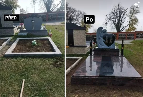 „Kompletní realizace luxusního žulového hrobu s andělem v Karviné. Původní nevyužité hrobo