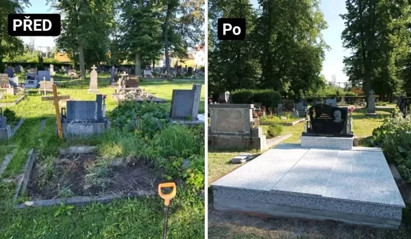 „Nový světlý žulový hrob Karviná – kompletní výstavba hrobu na klíč (Před a Po)“