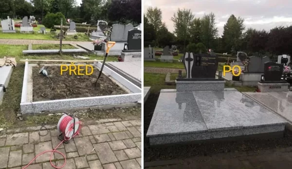 „Nový žulový hrob Karviná – kompletní výstavba světlého hrobu z žuly (Před a Po)“