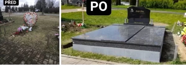 Nový hrob z leštěné žuly – kompletní výstavba a montáž, ukázka Před a Po, Kamenictví Karvi