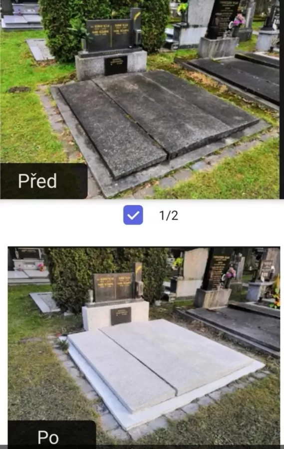 „Ukázka odborného čištění hrobu včetně odstranění nečistot, obnovy povrchu a oživení žulov